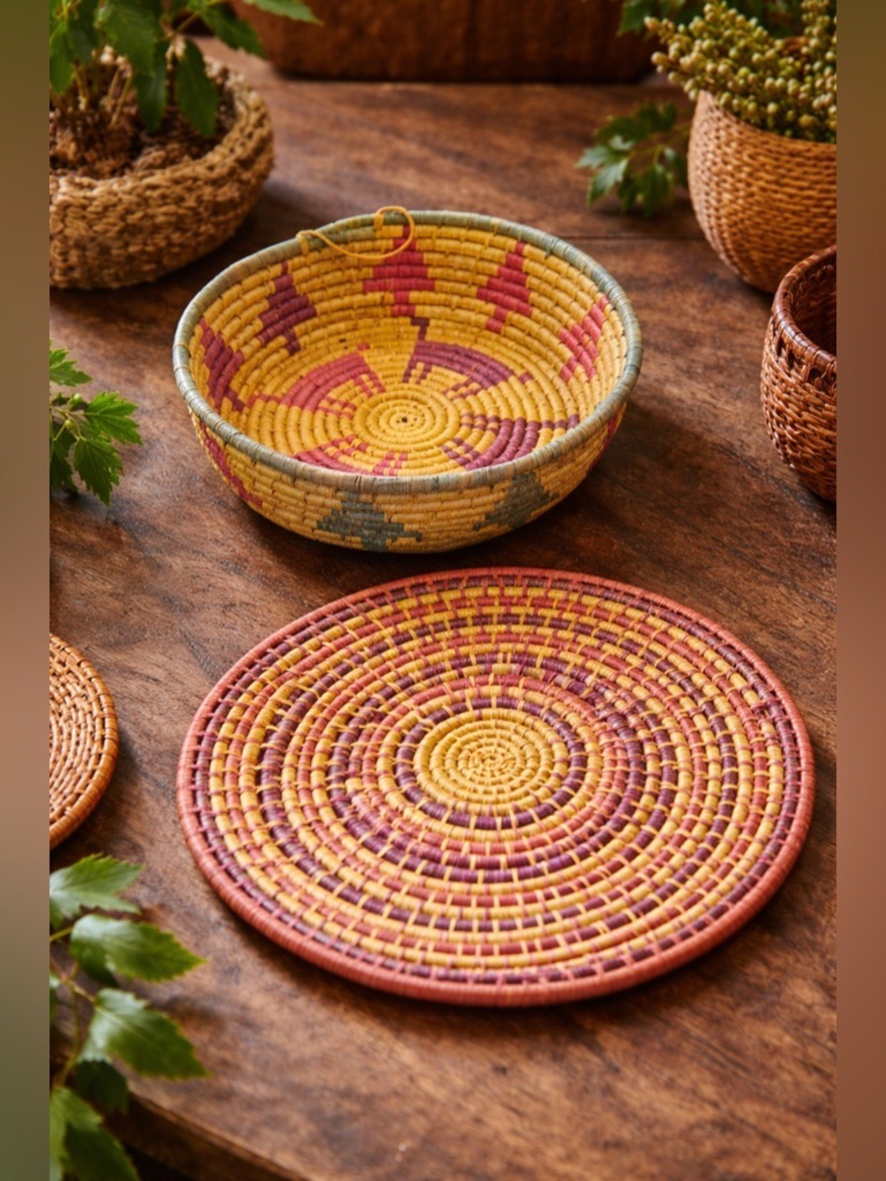 Handwoven African Basket Set Tribal Woven Bowl & Flat Tray • Boho Artisan Decor